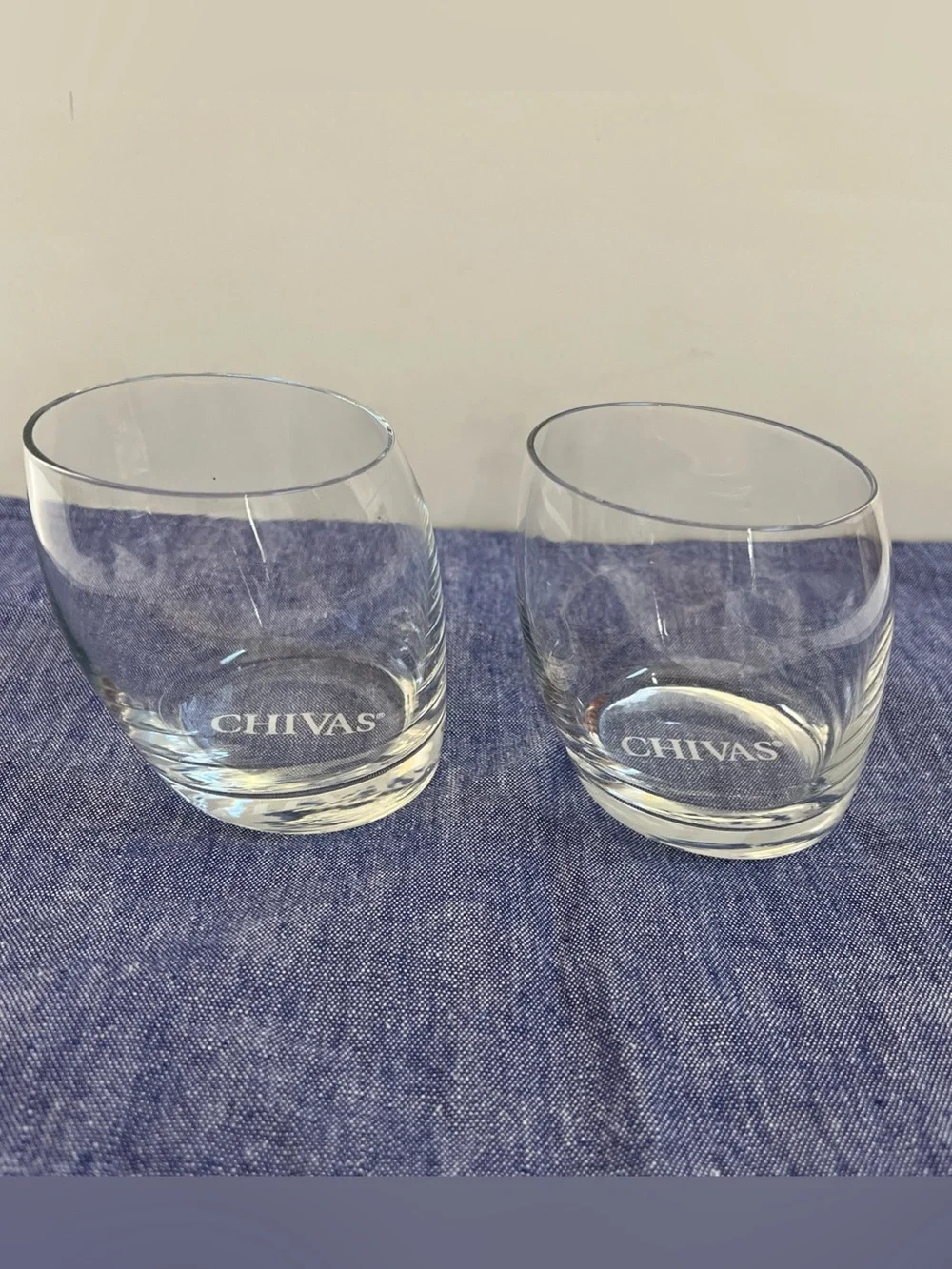Whiskey Chivas Regal Scotch Set of 2 Rocks Lowball Glasses Slanted Tilted Etched